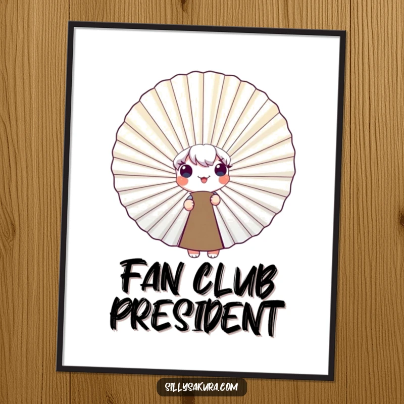 Funny Poster showcasing a cute character adorably peeking from behind a giant, smiling fan, adding playful charm and humor to any room, a great gift.