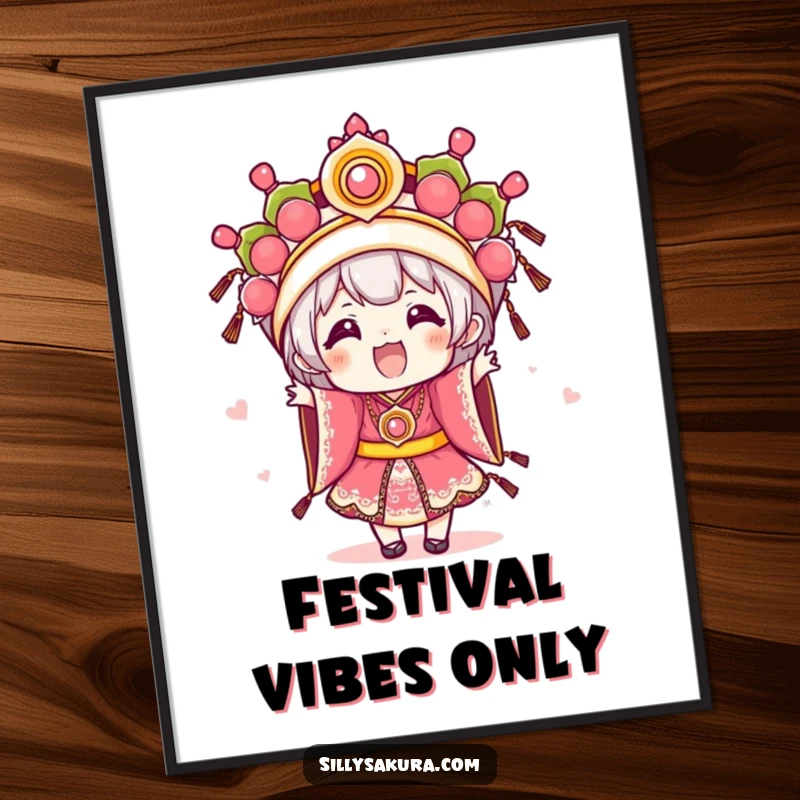 Funny Kawaii poster showcasing an excited character wearing elaborate festival attire, adding a festive and cheerful artistic touch.