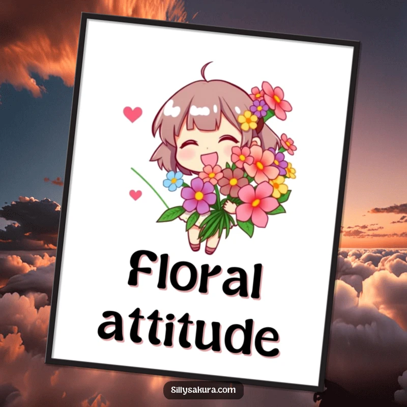 Funny Poster: An illustration of a happy character presenting a generous bouquet of vivid, stylized flowers.