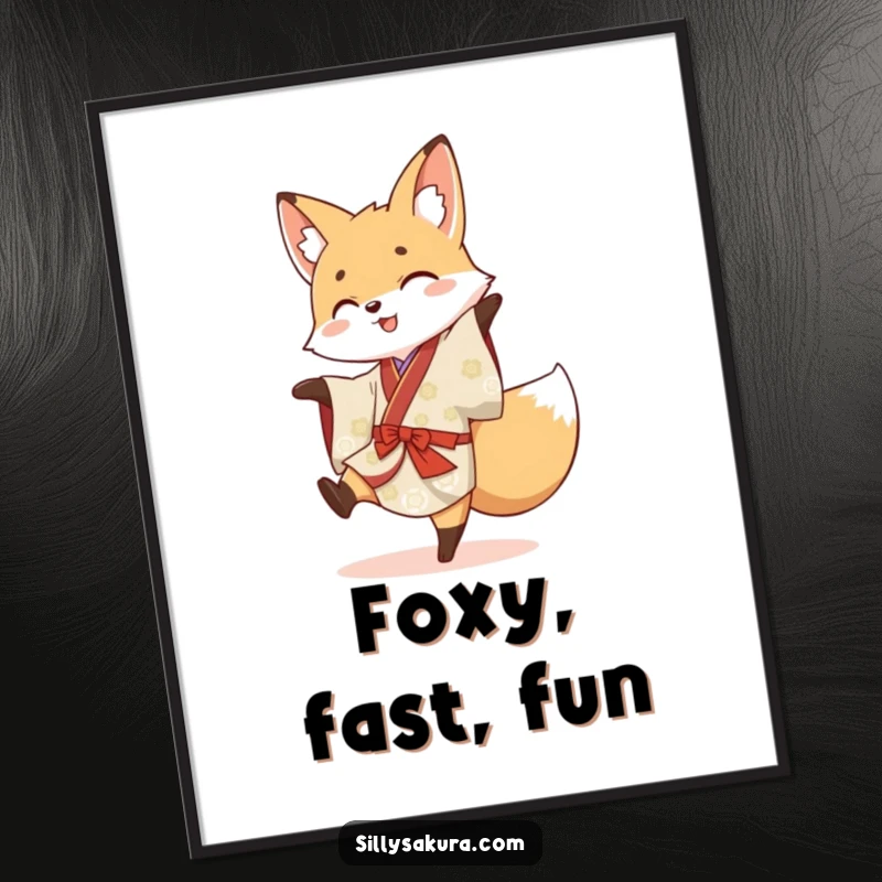 Funny poster capturing a joyful fox in a Japanese kimono executing a whimsical cartwheel with dynamic movement.