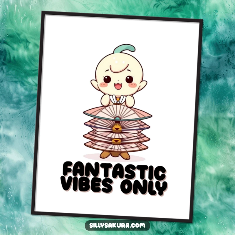 Funny poster featuring a happy character balancing decorative fans, bringing elegant and playful charm to walls.