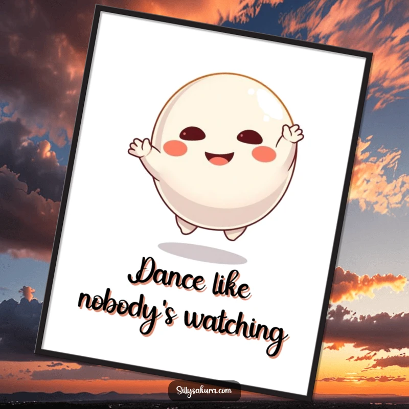 Funny Daruma poster showcasing a floating character joyfully dancing, adding a dynamic and cheerful element to decor.