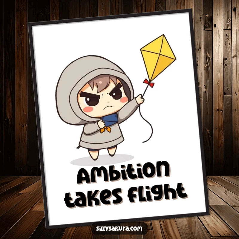 Funny poster art of a determined character frowning while attempting to fly a small kite, motivational and humorous.