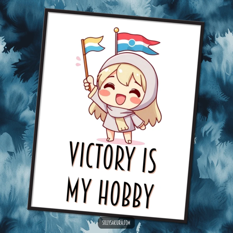 Funny poster art of a delighted character energetically waving a small, colorful flag, bringing a sense of joyful celebration and vibrant energy to any room.