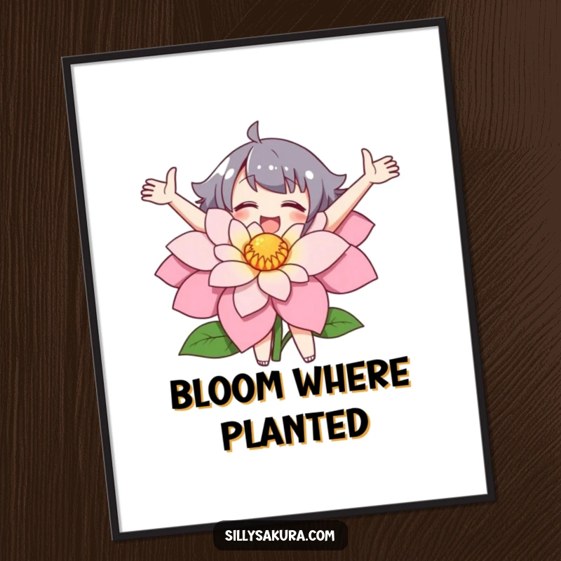 Funny poster showcasing a character with open arms joyfully embracing a large, vibrant flower.