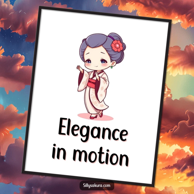 Funny geisha dancer poster featuring a tiny, elegantly dressed character in a dynamic, graceful dance move.