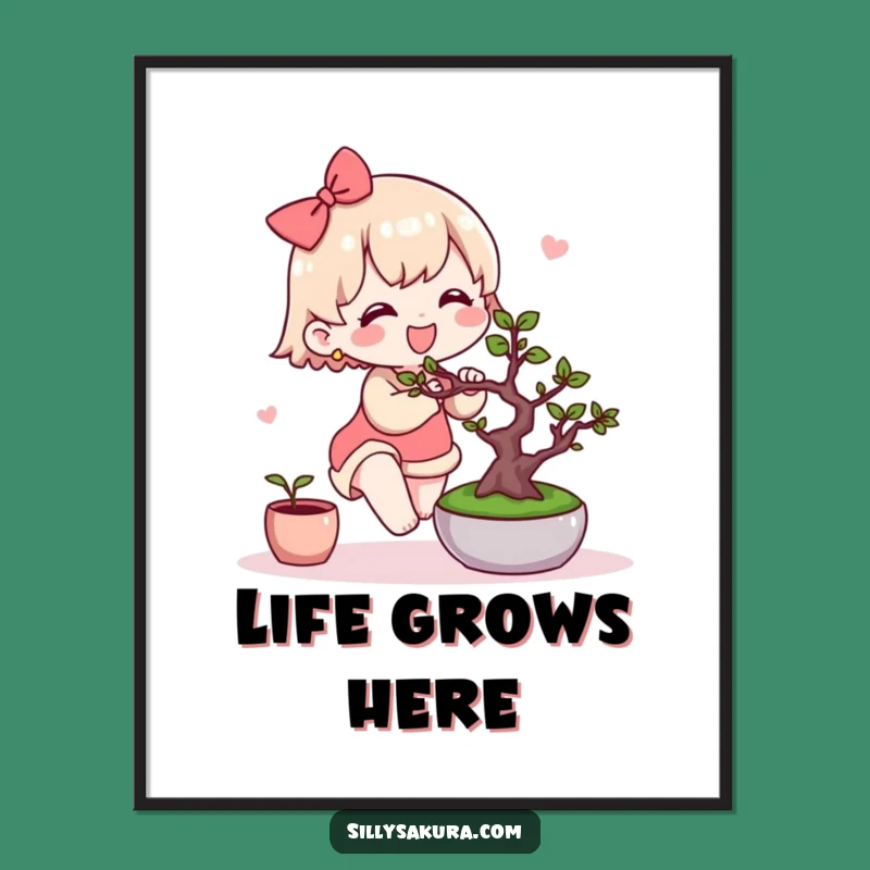 Funny Kawaii Bonsai Poster: Cute Character's Gardening Scene for Your Wall Art