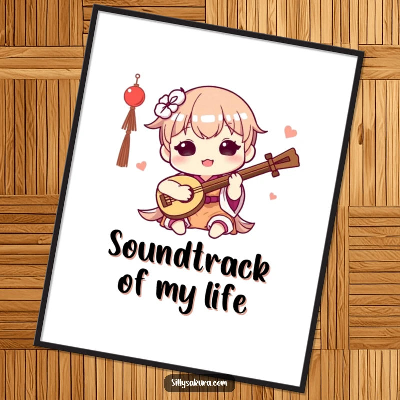 Funny Kawaii Poster. A cute character happily plays a small traditional instrument, adding a musical and cheerful touch to decor.