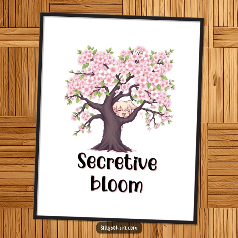 Funny Character Poster: A mischievous character peeks from behind blooming cherry blossoms, bringing playful spring charm to your walls.