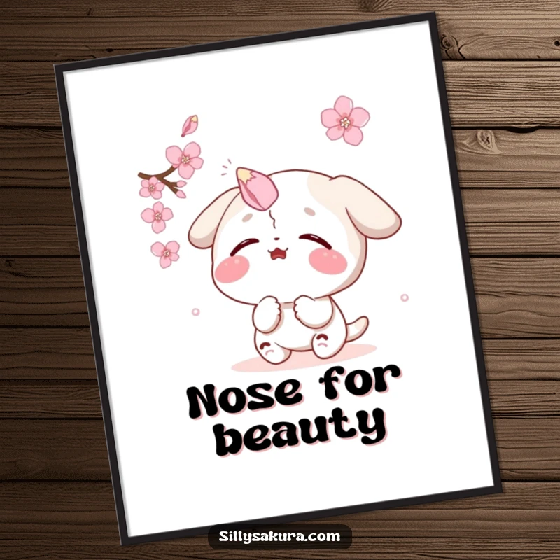 Funny poster: a delighted character comically balances a falling sakura petal on its nose, capturing a moment of whimsical focus.