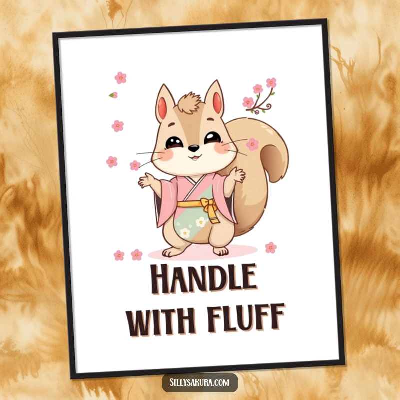 Funny poster featuring a dynamic squirrel in a colorful kimono juggling scattered cherry blossoms with artistic flair.