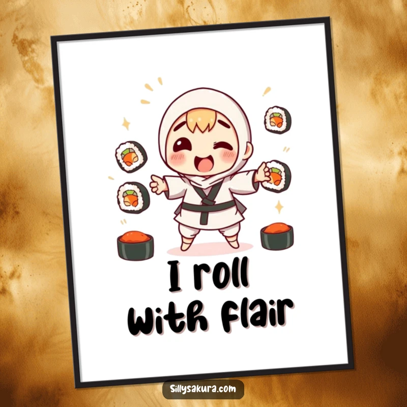 Funny poster featuring a character comically juggling sushi without success, soy sauce splattered, perfect wall art.