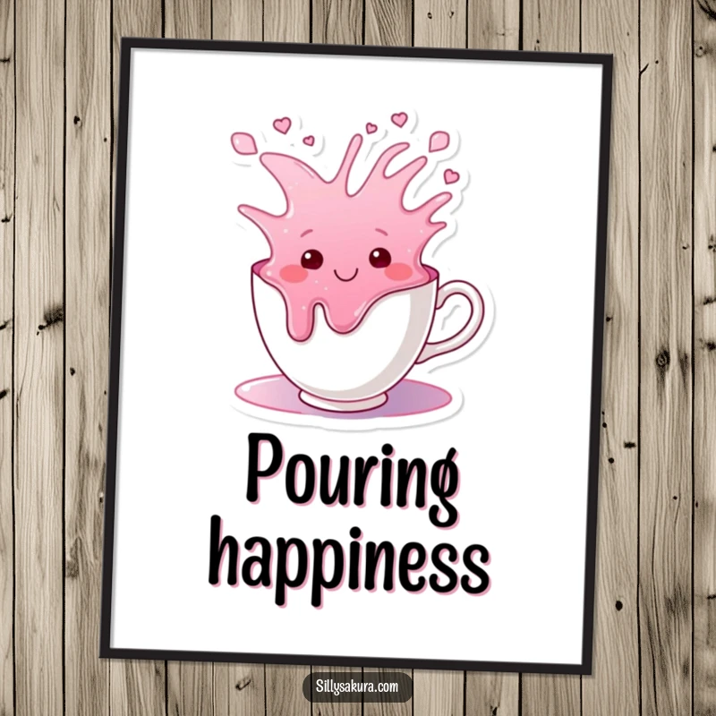 Funny poster featuring a smiling teacup character joyfully overflowing with a colorful, vibrant liquid, symbolizing abundance.