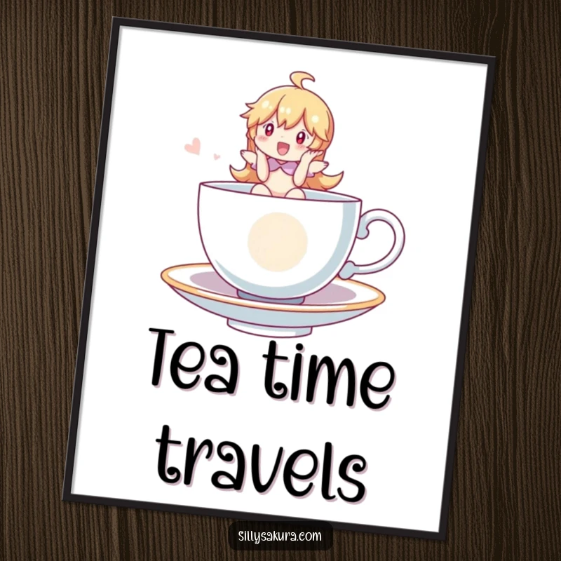Funny Poster of a character joyfully riding a whimsical, floating teacup, adding a touch of magic and humor to wall decor, a great gift.