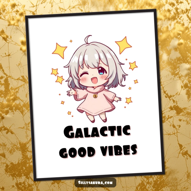 Funny Poster of a character energetically juggling sparkling stars, adding a touch of cosmic magic and humor to any wall decor, a great gift.