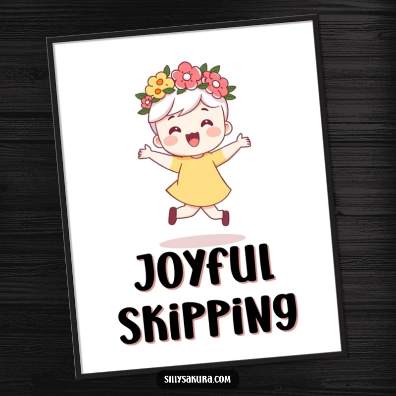 Funny poster art of a cute character wearing a vibrant flower crown, joyfully skipping with pure, unbridled happiness.