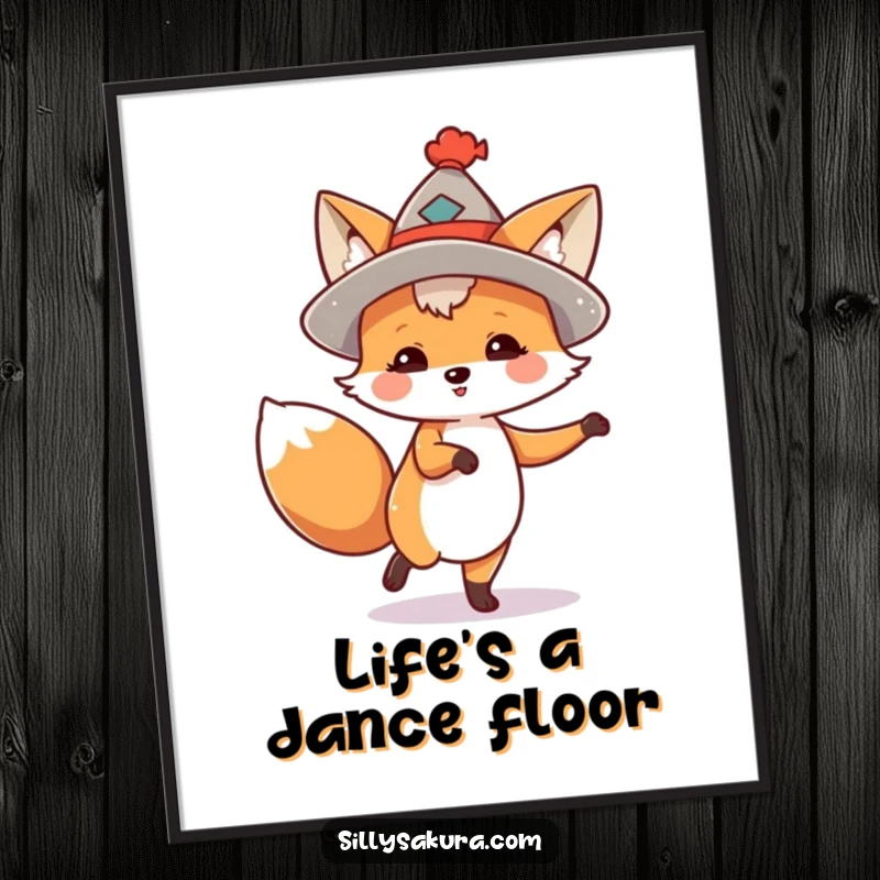 Funny poster showcasing an animated fox in a tiny hat, captured in a moment of energetic and happy dance.