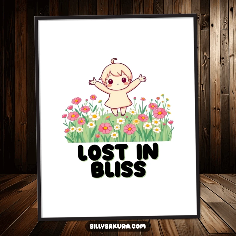 Funny cute character with arms spread wide, joyfully spinning in a vibrant field of colorful flowers, presented as a beautiful poster.