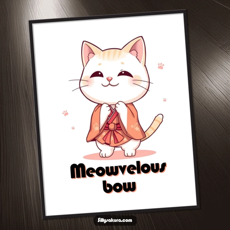 Funny cat poster of a cute character in a tiny kimono bowing playfully, perfect for adding charming and humorous decor to any wall space.