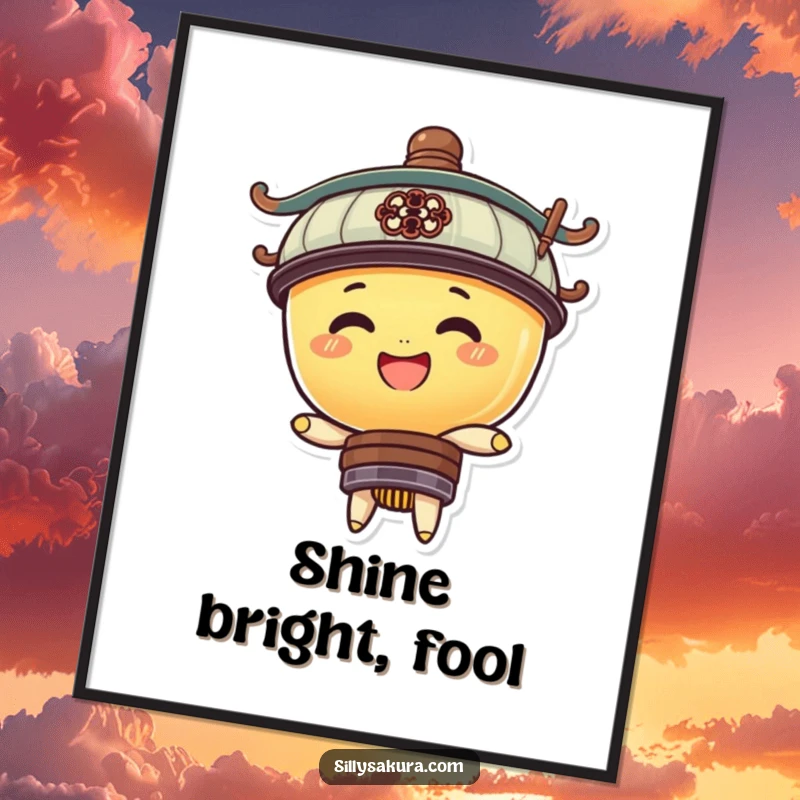 Funny poster art of a smiling lantern character joyfully bobbing up and down, creating a whimsical and humorous scene.