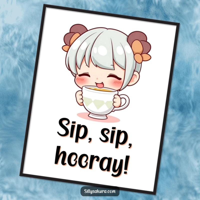 Funny poster showcasing a cute character with a wide smile, playfully sipping from a tiny teacup, adding playful charm to any room.