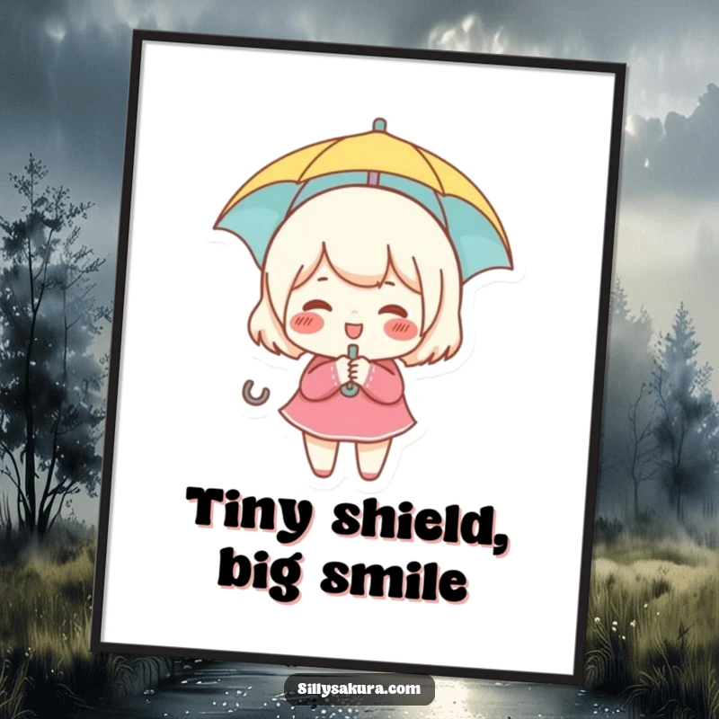 Funny poster showcasing a small, rosy-cheeked character giggling gleefully while holding a tiny umbrella.