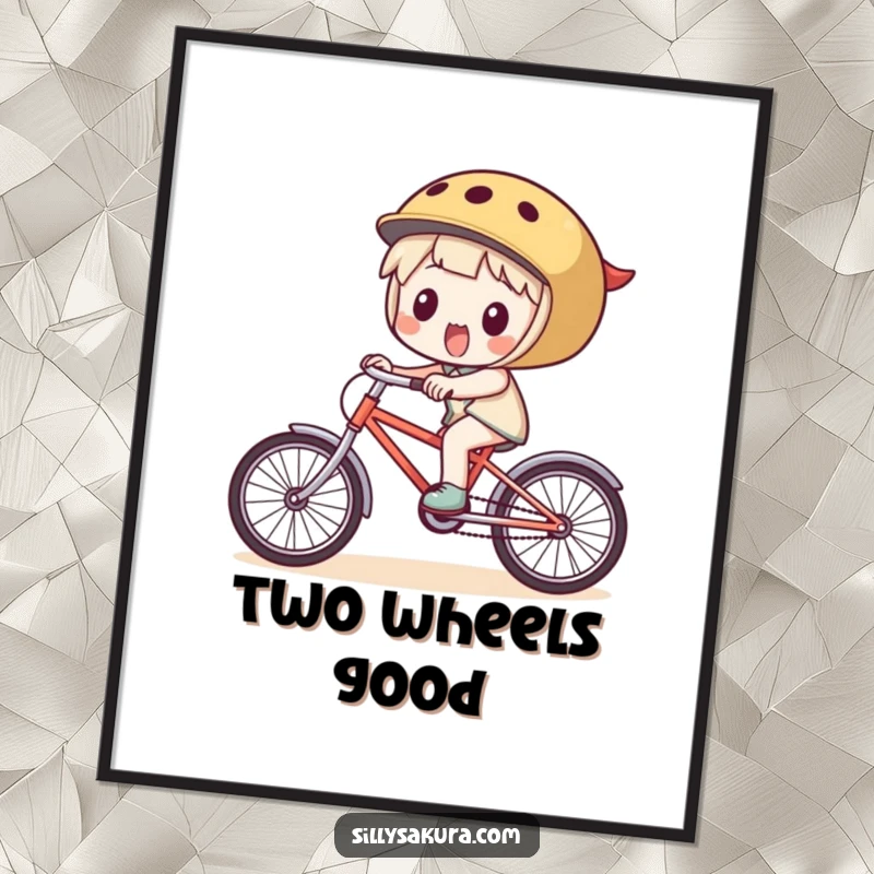 Funny Poster: A small, excited character pedals a miniature bicycle with an expression of pure delight, perfect wall decor.