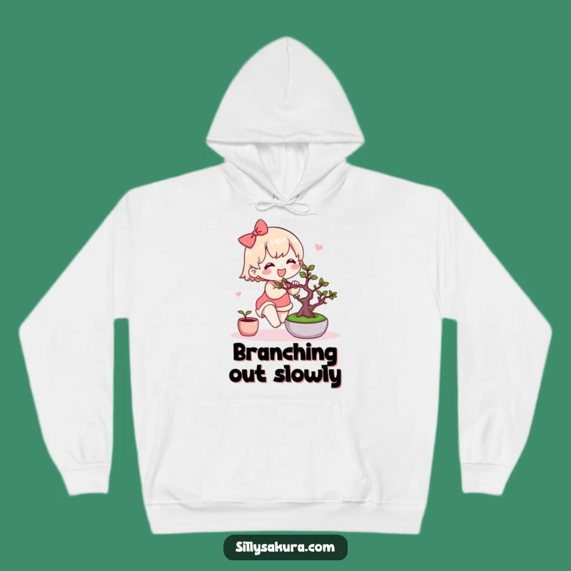 Cozy Funny Kawaii Bonsai Hoodie: Warm Up with Cute Character's Gardening Joy