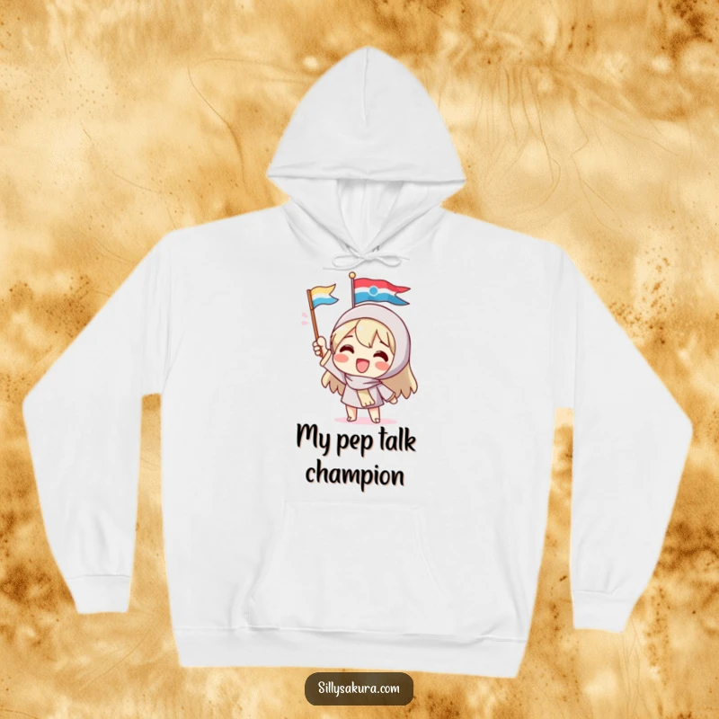 Funny hoodie with a delighted character gleefully waving a small, colorful flag, expressing pure joy and spirited enthusiasm, ideal for cozy, humorous comfort.