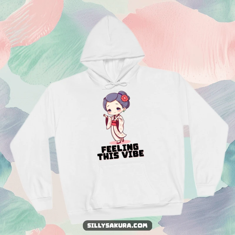 Funny geisha dancer hoodie with a tiny character performing a graceful dance, offering warmth and humorous style.