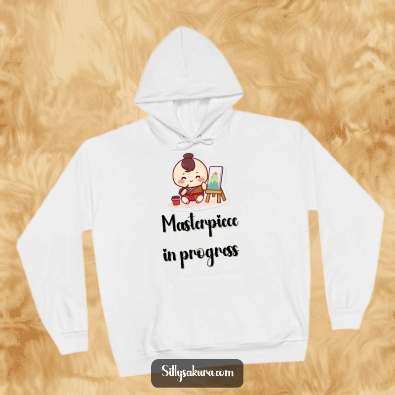 Funny Kawaii hoodie featuring a round character happily creating traditional artwork, offering warmth and artistic inspiration.