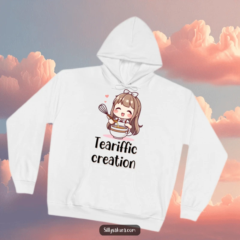 Funny Kawaii hoodie featuring a character enthusiastically whisking tea, perfect for staying warm and showing love for tea.