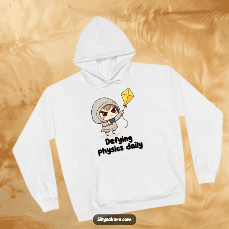 Funny hoodie featuring a determined character frowning while trying to fly a small kite, great for cold days.