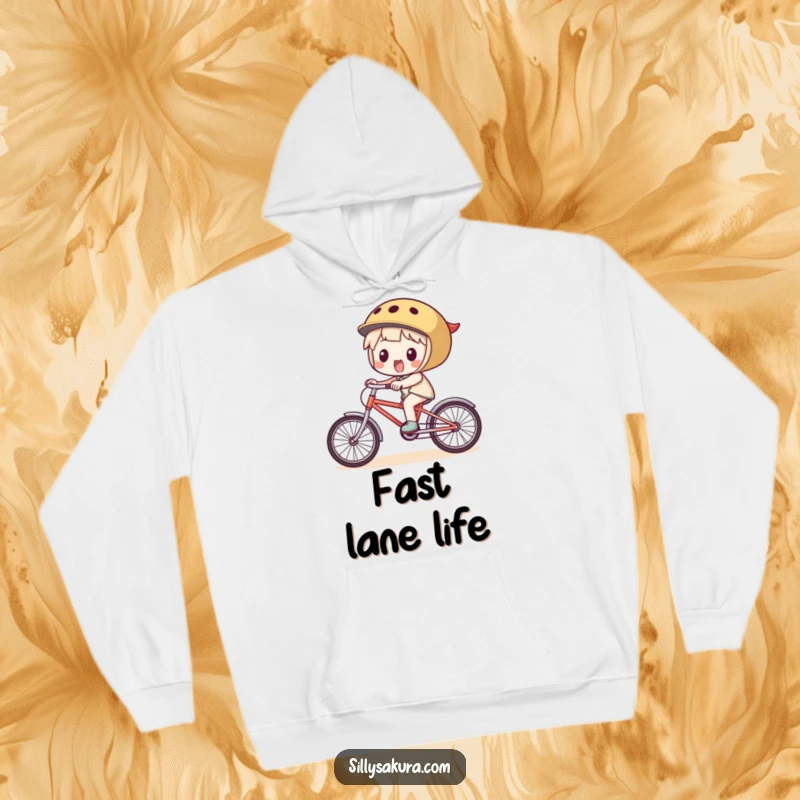 Funny Hoodie: A delightful, excited character is depicted mid-ride on a tiny bicycle, exuding playful energy.