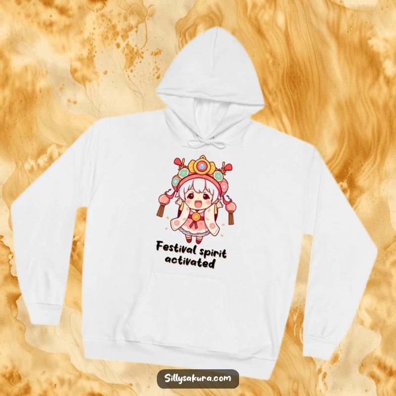 Funny Festival Kawaii Hoodie showcasing a cute character excitedly wearing elaborate festival attire, ready for a party.