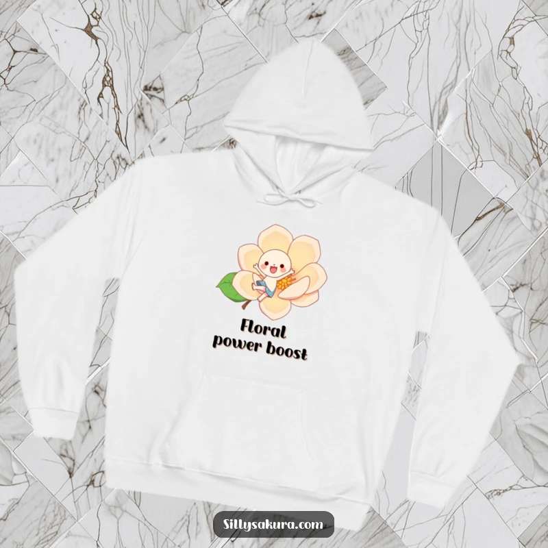 Funny kawaii character joyfully kicking a giant, stylized blossom, featured on a soft and warm hoodie.