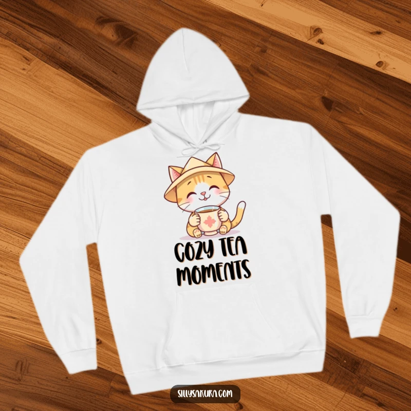 Funny Hoodie showcasing a smiling cat wearing a festive paper hat, offering a steaming cup of tea, cozy and inviting.