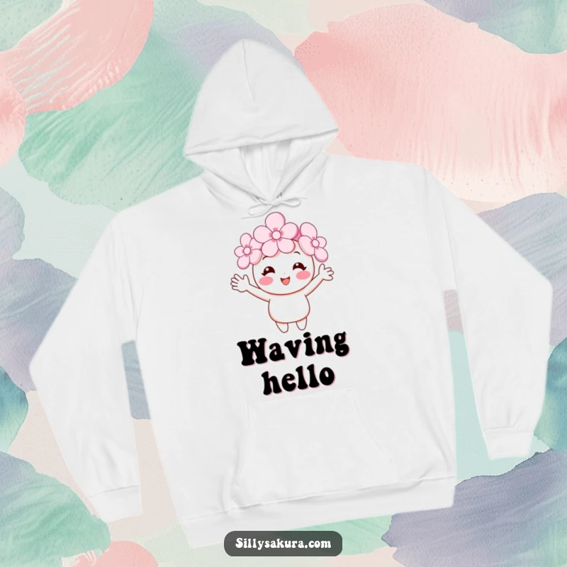 Funny cherry blossom hoodie featuring a smiling character with tiny arms waving, providing warmth and a humorous touch for spring lovers.
