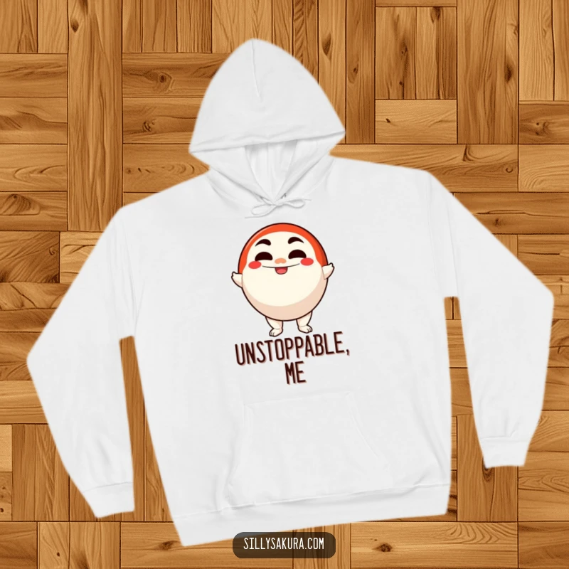Funny hoodie with a happy Daruma doll character standing determinedly with a smile, embodying resilience and cozy humor.