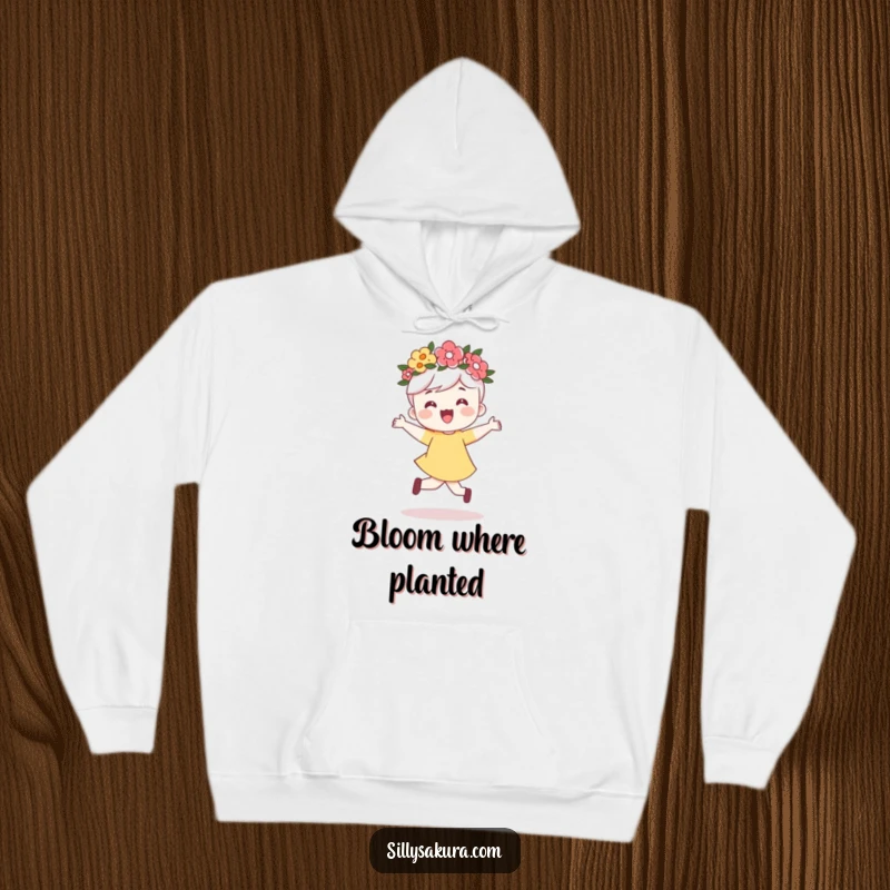 Funny hoodie featuring a cute character adorned with a flower crown, captured mid-skip with overwhelming joy.