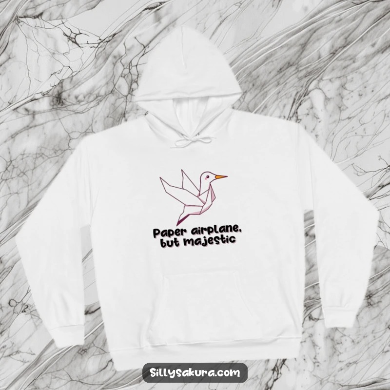 Funny hoodie featuring a giggling origami crane character taking flight, offering cozy comfort and a humorous, whimsical design.