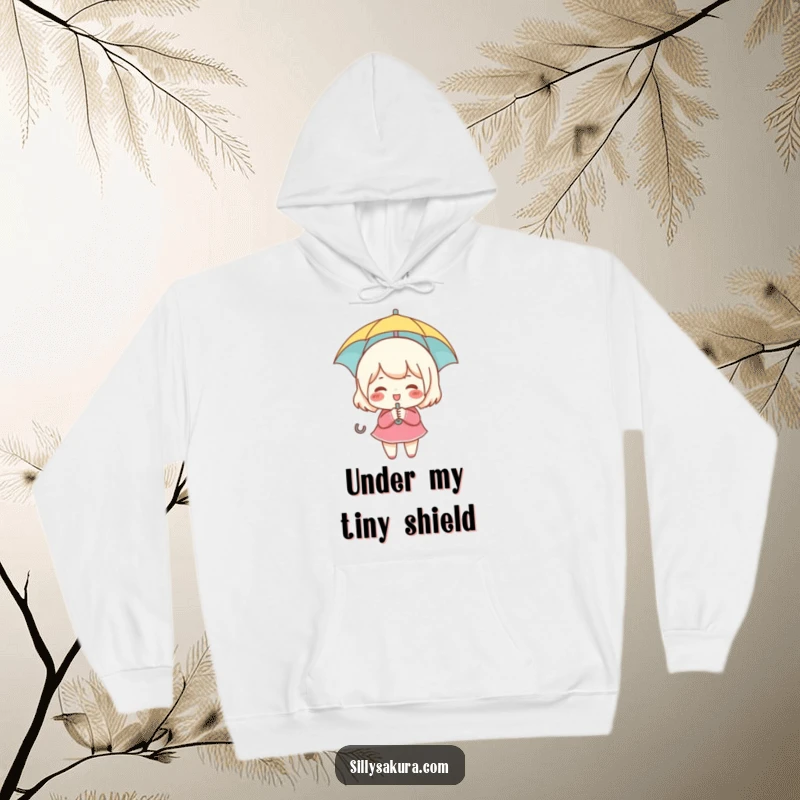 Funny hoodie showing a small, rosy-cheeked character giggling while holding a tiny umbrella for fun.
