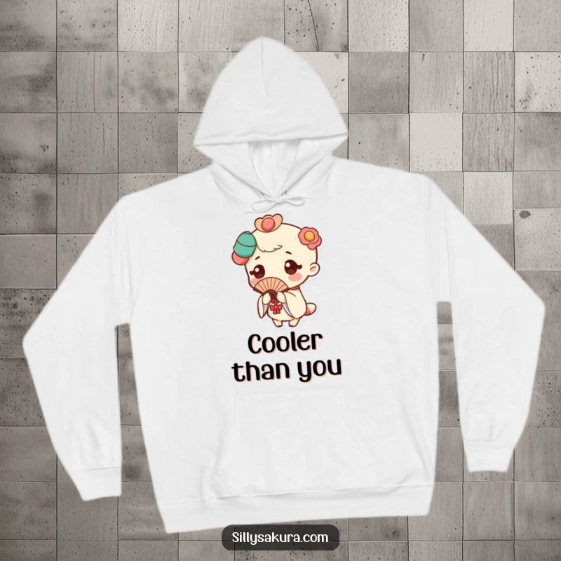 Funny hoodie featuring a cute Kawaii character striking a traditional fan pose with a delightful, subtle flutter effect.