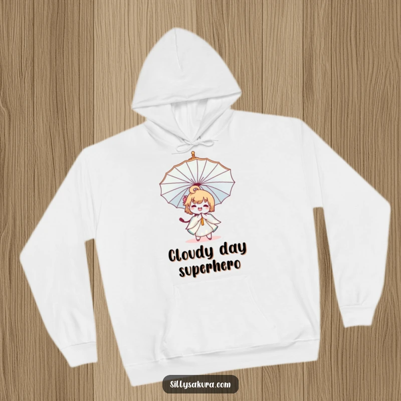 Funny Kawaii Umbrella Hoodie depicting a cute character joyfully spinning a large, decorative umbrella, radiating happiness.