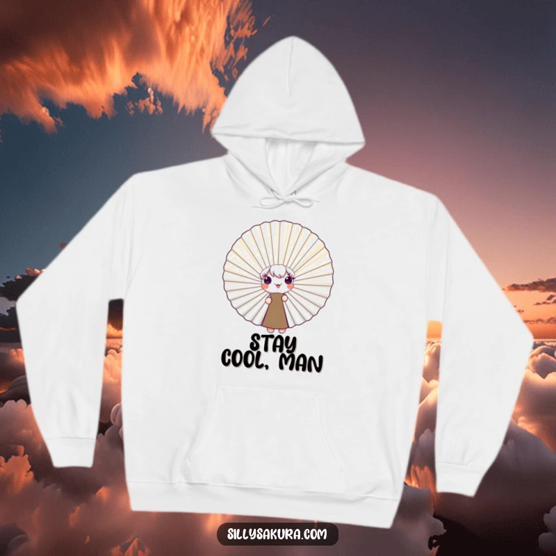 Funny Hoodie with a shy character adorably peeking from behind a large, smiling fan, perfect for cozying up with a humorous touch, a great gift.