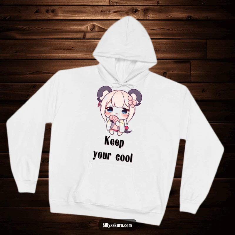 Funny hoodie depicting a shy character blushing and offering a miniature fan, a cozy and humorous apparel item.