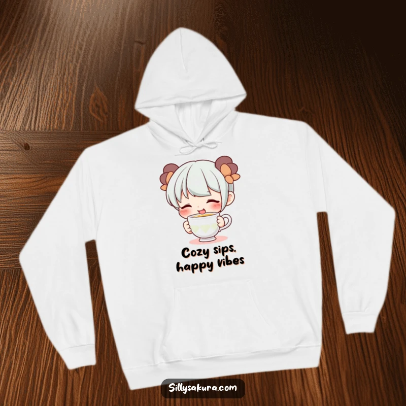 Funny hoodie with a cute character smiling and playfully sipping tea from a tiny cup, offering cozy and charming comfort.