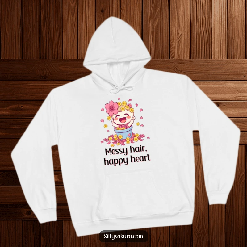 Funny hoodie with a laughing character spilling a bucket of bright flower petals, offering cozy and vibrant cheer.