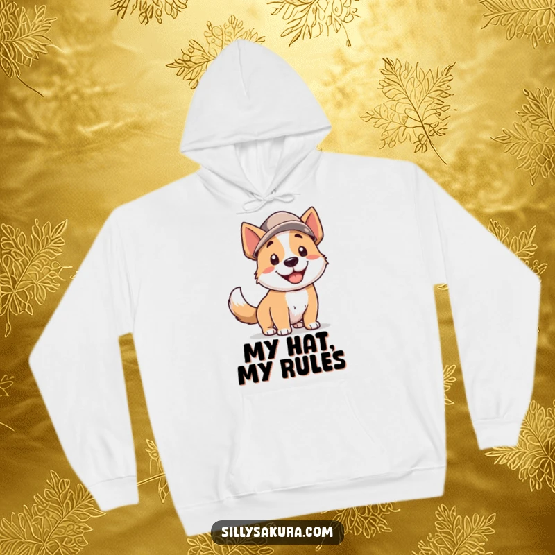 Funny Dog Hoodie: A smiling dog character in a hat, tail wagging uncontrollably, embodying pure joy and warmth for a cozy feel.