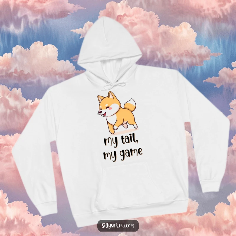 Funny Shiba Inu Hoodie: A playful Shiba Inu character energetically chasing its wagging tail, offering warmth and humorous charm.